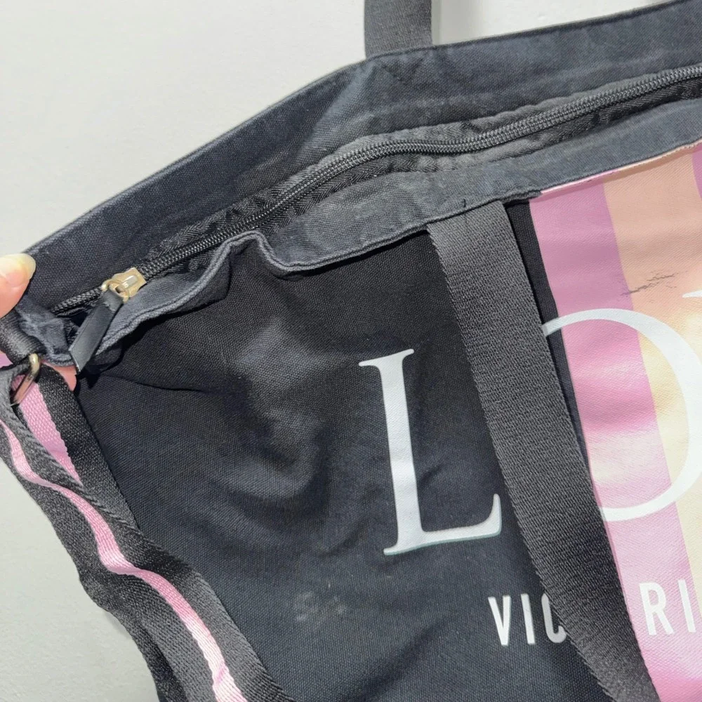 Victoria's Secret LOVE Weekender Tote Bag Black Pink Stripe Travel Gym Duffel